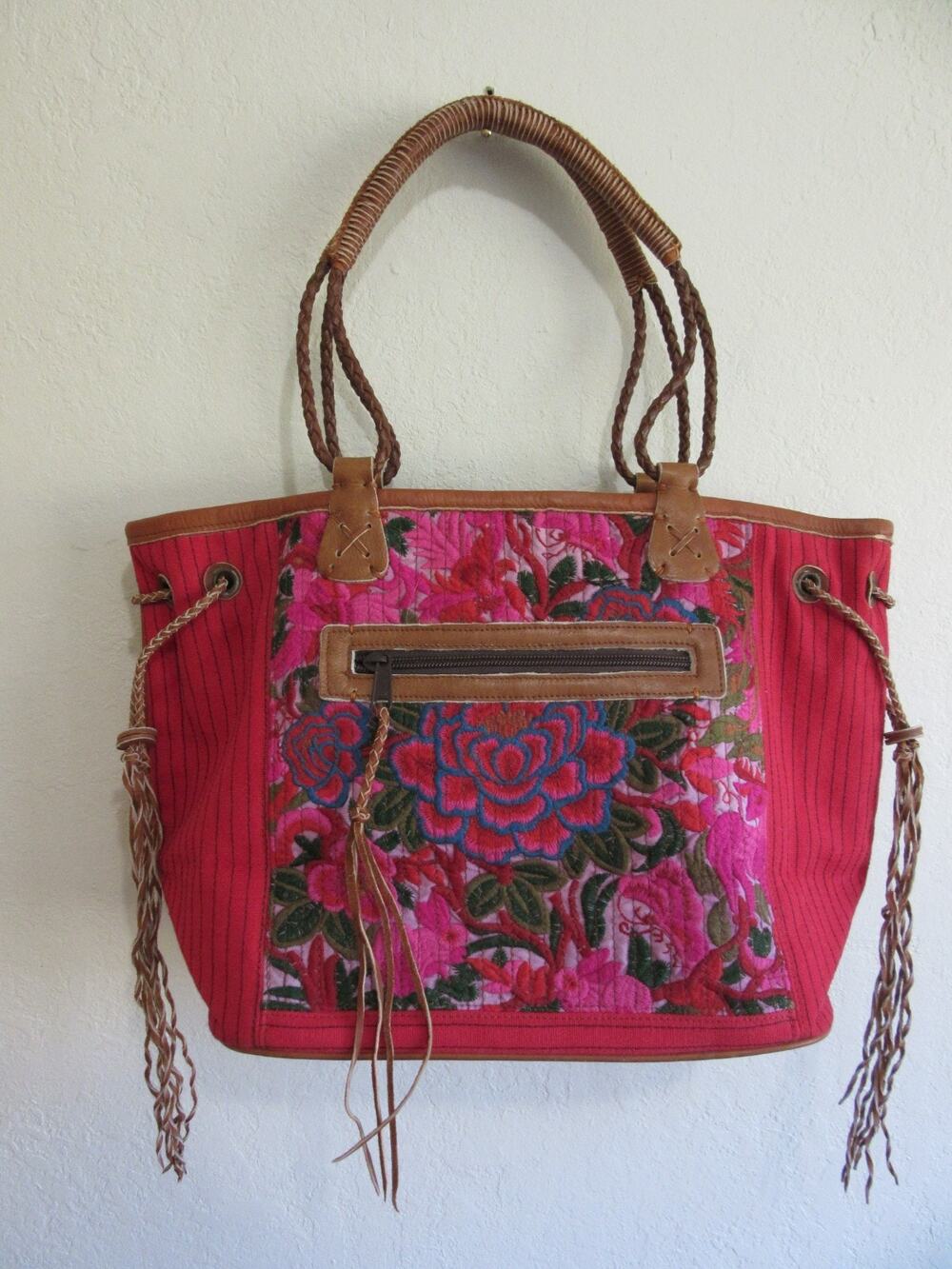 FREDD + BASHA Pink Embroidered Floral Pattern Fringe Leather Trim Tote Bag-JB3